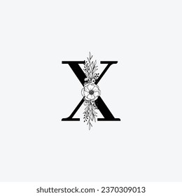 Initial X floral alphabet logo. Black floral alphabet, botanical monogram vector letters with black line art flowers, leaves and thorns.