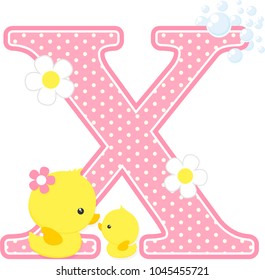 initial x with flowers and cute baby duck and mom isolated on white. can be used for baby girl birth announcements, nursery decoration, mother's day card,party theme or birthday invitation.