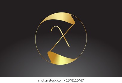 Initial X handwritten letter logo with golden elegant design and golden wave circle. Shiny metal creative vector illustration with letter X.