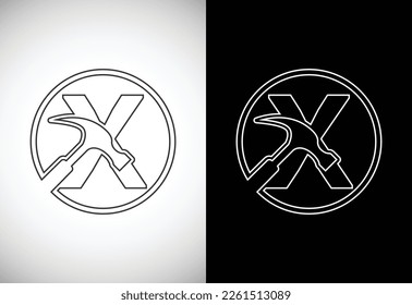 Initial X letter alphabet with a Hammer. Repair, renovation, and construction logo. Line art style logo