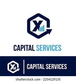 Initial X Letter with Bar Chart and Up Growing Arrow for Finance, Capital Business Services Logo Idea Template