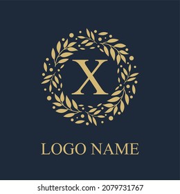 Initial X Letter in Circle Leaves Wreath Frame for Cosmetic, Make up, Fashion, Hotel, Resto, Resort, Real Estate, Apartment Business Logo Vector Template