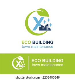 Initial X Letter Eco Building Town Maintenance Building Exterior Company Logo Design Idea Template. Home and Building Cleaning Service