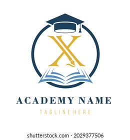 Initial X Letter with Graduation hat and book for Academy, Education, Study Business Logo Design Idea