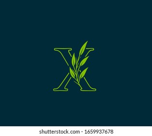 Letra X inicial con logotipo de hojas verdes