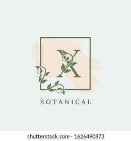 Initial X Letter Logo Botanical Nature Leaf,  vector design concept square Frame with alphabet letter logo icon for  nature business.