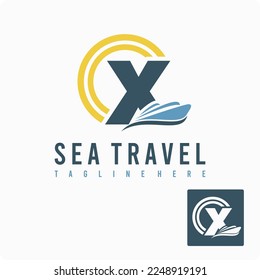 Initial X Letter with Ship Marine, Wave and Sun Icon for Travel Holiday Agency Business Logo Idea Template