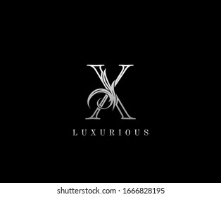 Initial X letter silver luxury beauty flourishes vintage monogram logo perfect for boutique, wedding invitation, restaurant,hotel.