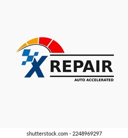 Letra X inicial con velocímetro, icono de carrera para el logotipo de la compañía automotriz. Plantilla de logotipo del almacén de servicios acelerados de transporte de motor