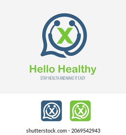 Initial x Letter with stethoscope and bubble speech for health care consultant service business logo design template. Hospital Clinic Call Center Icon Symbol design template.