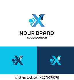 Initial x letter for swimming pools and aquatic venue repairing, setting and service company logo template