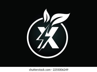 Initial X letter thunderbolt leaf circle or eco energy saver icon. Leaf and thunderbolt icon concept for nature power electric logo 