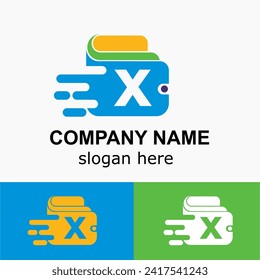 Initial x Letter with Wallet and Speed Acceleration, Online Fast Payment Simple Logo Idea. Digital Wallet Vector Concept	
