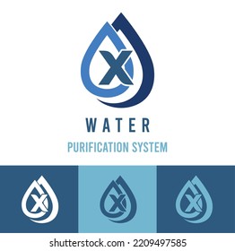 Initial x Brief mit Wassertropfen Symbol für Wasserreinigungssystem, Logo für natürliche Kosmetik	