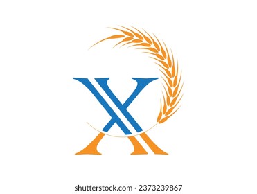 Initial X Letter with Wheat Grain for Bakery, Bread, Cake, Café, Pastry, Healthy Food, Cafeteria, Home Industries Business Logo Vector Idea