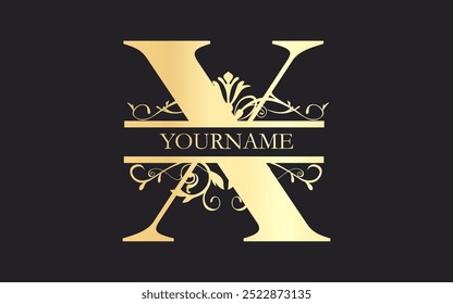 Initial  X letter,floral Split Letter Monogram,luxury Wedding invitation Monogram Design,gold color on black background