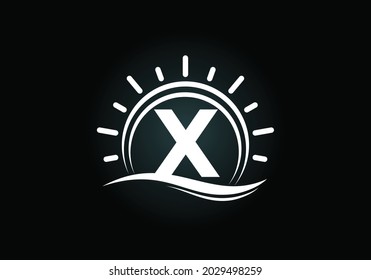 Initial X monogram alphabet with abstract sun and wave. Ocean sun logo design. Font emblem. Modern vector logo for a business, and company identity