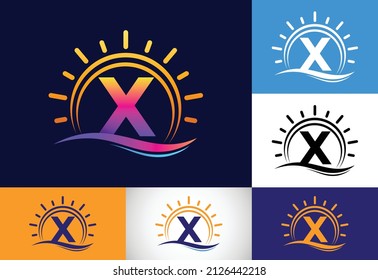 Initial X monogram alphabet with abstract sun and wave. Ocean sun logo design. Font emblem