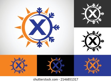 Initial X monogram alphabet with abstract sun and snow. Air conditioner logo sign symbol. Hot and cold symbol.