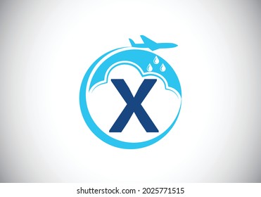 Alfabeto monograma X inicial con avión y nube. Producción artificial de lluvia. Logo de la siembra de nubes. Logo vectorial moderno para el negocio, e identidad de la empresa
