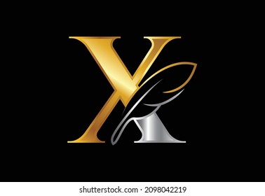 Initial X monogram alphabet with a feather. Font emblem. Law firm icon sign symbol. Modern vector Logo for a writer or publishers business and company identity