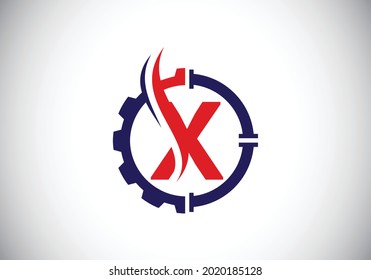 Initial X monogram alphabet with gear pipe and flame. Oil and gas logo concept. Font emblem. Modern vector logo for petroleum business and company identity