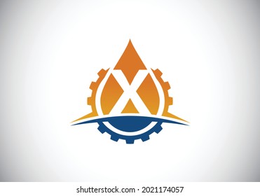 Initial X monogram alphabet with gear swoosh and oil. Oil and gas logo concept. Font emblem. Modern vector logo for petroleum business and company identity