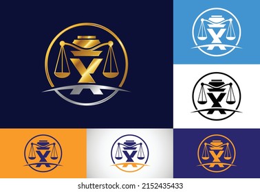 Initiales X-Monogramm-Alphabet mit Symbol für Rechtsskala. Design-Vorlage für das Vektorlogo der Rechtsabteilung