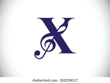 Initial X monogram alphabet with a musical note. Symphony or melody signs. Musical sign symbol. Font emblem. Modern vector logo design template.