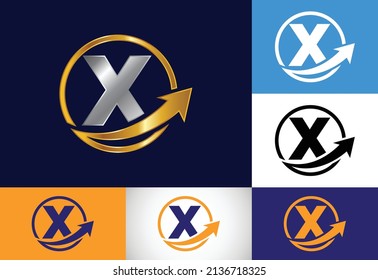 Initial X-Monogramm-Alphabet-Symbol-Design mit dem Pfeil integriert. Logo-Konzept für Finanzen oder Erfolg. Schriftemblem. Logo für die Unternehmens- und Firmenidentität