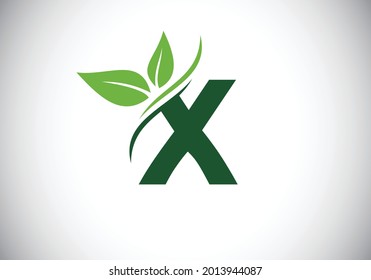 Initial X monogram alphabet with two leaves. Green, eco-friendly logo concept. Modern vector logo for ecological business and company identity