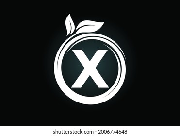 Alfabeto monocálmico inicial X en una espiral con hojas verdes. emblema de letra. Símbolo de signo de icono de la naturaleza. Diseño de logotipo vectorial moderno para la atención de la salud empresarial, la naturaleza, la granja y la identidad de la empresa.