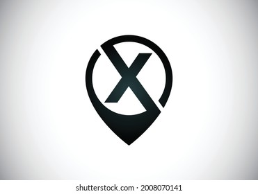 Initial X monogram letter alphabet with location icon pin sign. Font emblem. Navigation map, GPS, direction, place, compass, contact, search concept. Modern vector logo design for business and company
