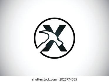 Initial X monogram letter alphabet with a Hammer. Repair, renovation, and construction logo. Modern vector logo for construction business, and company identity
