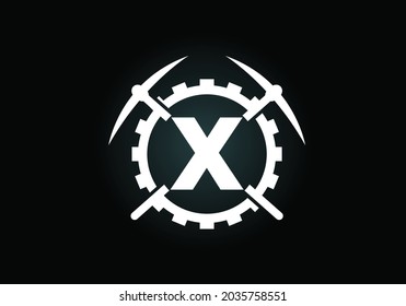 Initial X monogram letter alphabet with pickaxe and gear sign. Mining logo design concept. Modern vector logo for mining business and company identity.