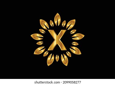 Initial X monogram letter alphabet with leaf wreath. Golden leaf, flower logo design concept. Modern vector logo design for business, and company identity.