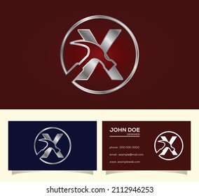 Initial X monogram letter alphabet with a Hammer. Repair, renovation, and construction logo.