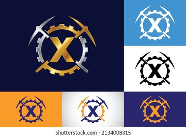 Initial X monogram letter alphabet with pickaxe and gear sign. Mining logo design concept. Modern vector logo for mining business and company identity