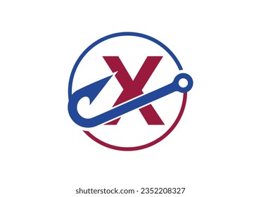 Initial X monogram letter alphabet with fishing Hook. Fishing logo concept vector illustration