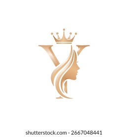 Logotipo de Vector inicial Y Beauty Queen - Icono de silueta de Perfil de mujer elegante con corona en la parte superior.