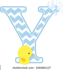 initial y with bubbles and little baby rubber duck isolated on white background. can be used for baby boy birth announcements, nursery decoration, party theme or birthday invitation