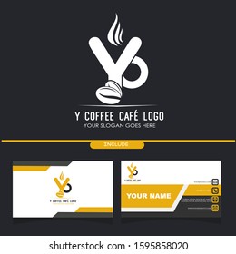 Initial Y Coffee Cafe Equipment Simple and Minimalist Logo Template with a Pack of Business Card Application on Black Background