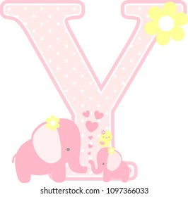 initial y with cute elephant and little baby elephant isolated on white. can be used for mother's day card, baby girl birth announcements, nursery decoration, party theme or birthday invitation