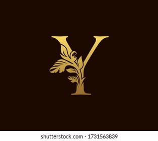 Initial Y Gold Leaf Logo Design . Graceful style.  Vintage drawn emblem for book design, wedding ornament, brand name, letter stamp, Restaurant, Boutique, Hotel.  