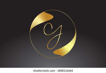 Initial Y handwritten letter logo with golden elegant design and golden wave circle. Shiny metal creative vector illustration with letter Y.