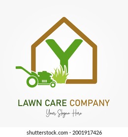 Erstmalige Y Latter mit der Mähmaschine für das Logo des Rasenpflegeunternehmens. Branding beim Landschaftsschutz von Rasenmähern - Home Maintenance