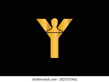 Initial Y Letter alphabet with male avatar golden colour. Lifting vector logo design. and company identity