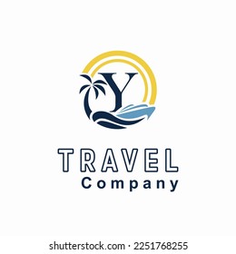 Letra Y inicial con árbol de palma de coco, barco marino, icono de sol para guía de viaje Plantilla de ideas de logotipo comercial
