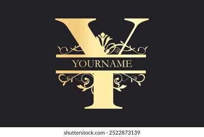 Initial Y letter, floral Split Letter Monogram,luxury Wedding invitation Monogram Design,gold color on black background