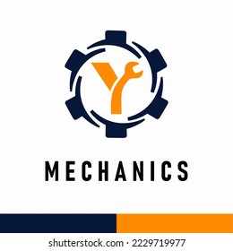 Letra Y inicial con símbolo Gear y Wrench para la plantilla de logotipo del servicio de reparación mecánica de automóviles